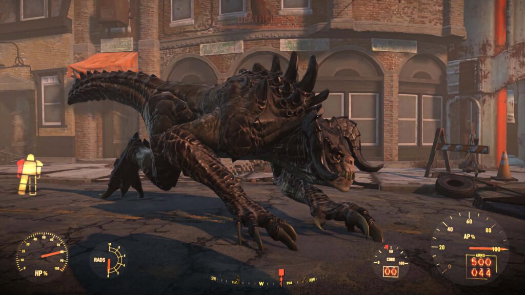 Fierce Deathclaw with spiked body prowling desolate Fallout city street in post-apocalyptic setting Wallpaper