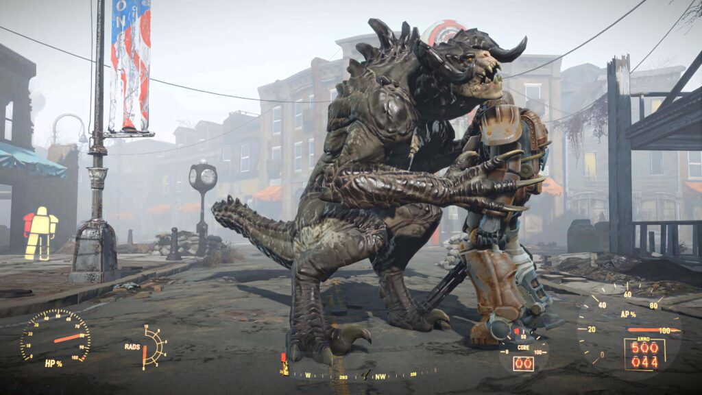 Fierce Deathclaw looming over power-armored survivor in Fallout post-apocalyptic urban street Wallpaper