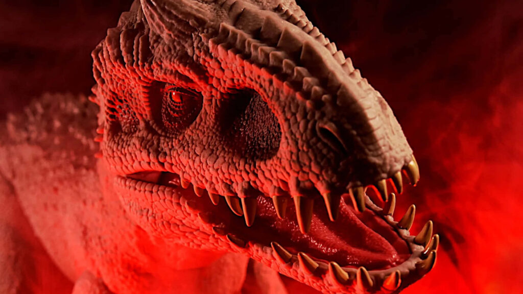 Fierce Jurassic World Dinosaur Close-Up: Red Lighting Wallpaper