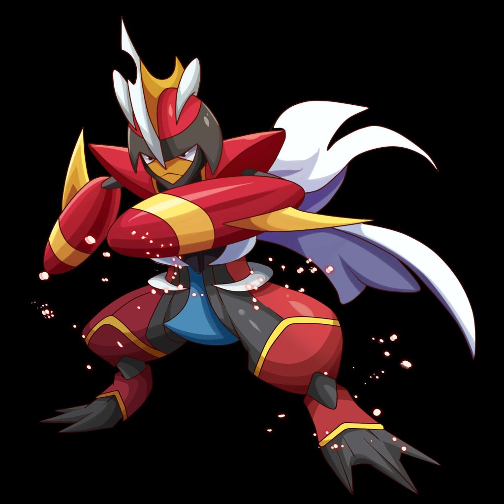 Fierce fan-made Mega Bisharp digital art in red black gold armor with sharp blades and blue accent Wallpaper