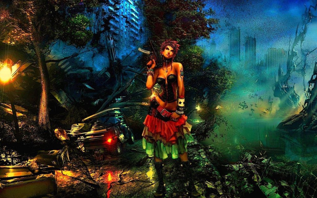 Fierce female assassin with short red hair and SMG in vibrant post-apocalyptic cityscape wallpaper