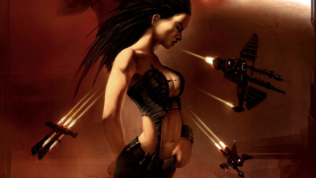 Fierce female EVE Online character in futuristic gear with starships in red space backdrop wallpaper