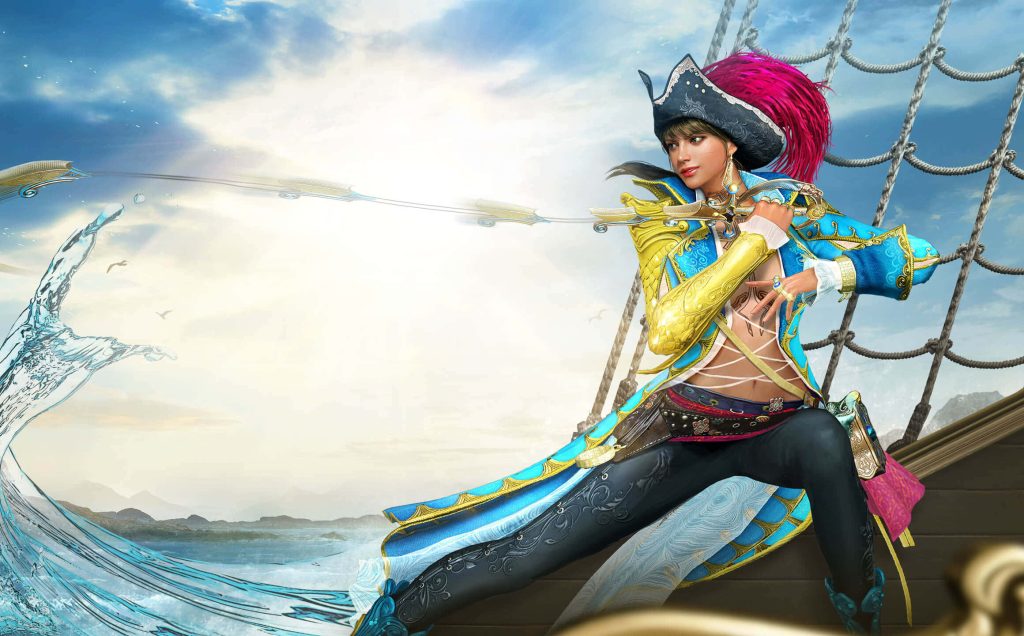 Fierce female pirate in blue gold coat with glowing weapon on ship in crashing waves wallpaper
