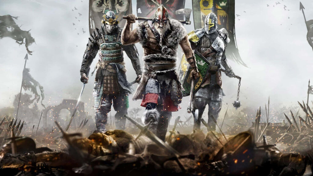 For Honor Wallpaper: Female Samurai, Viking, & Knight in Epic Battle Scene