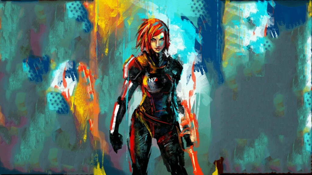 Commander Shepard: An Empowered Female Warrior in Vibrant Pop Art - A High-Definition Background for Gamers and Mass Effect Enthusiasts Wallpaper