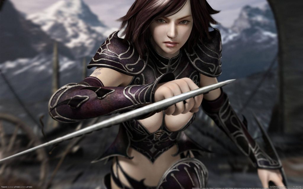 Fierce female warrior in purple silver armor wielding blade in snowy mountains Rappelz wallpaper