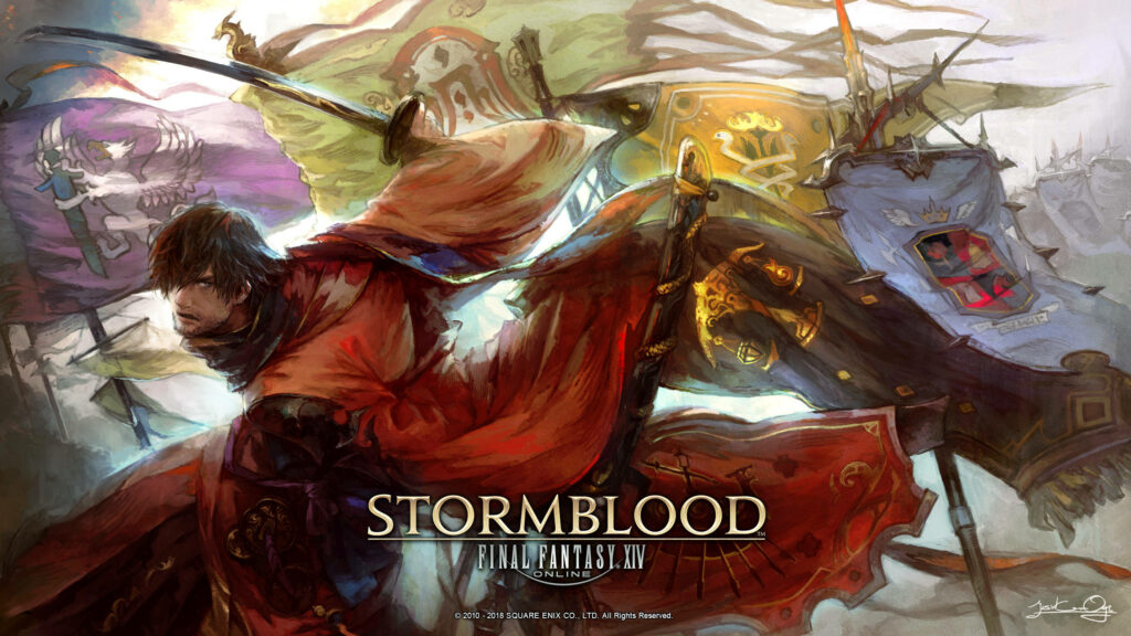 Fierce Final Fantasy XIV warrior charging into battle with vibrant banners dynamic wallpaper