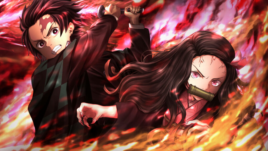 Demon Slayer: Fiery Anime Spectacle - Tanjiro and Nezuko Unleash the Flames of Artistic Digital Art Wallpaper