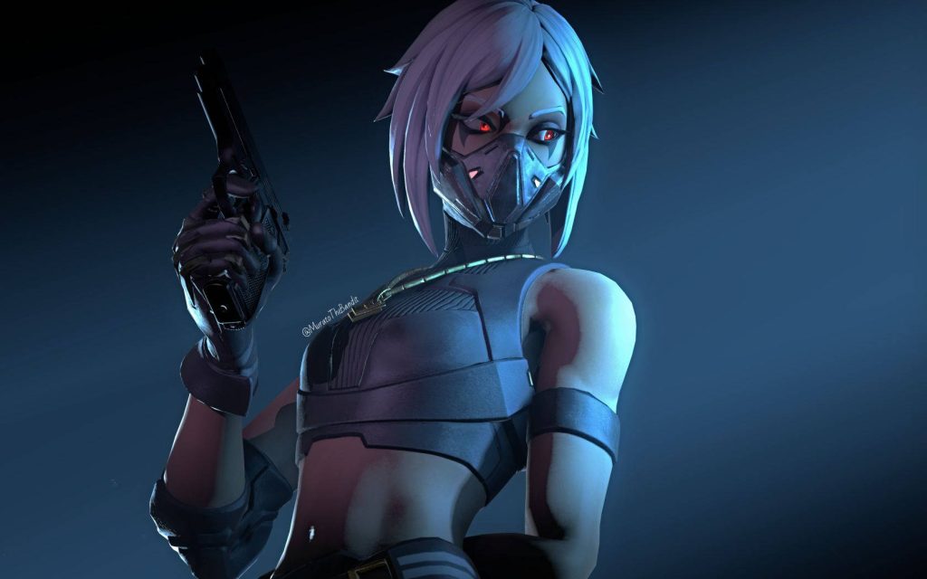 Fearless Fortnite-style female character with white hair and red eyes holding pistol blue background Wallpaper
