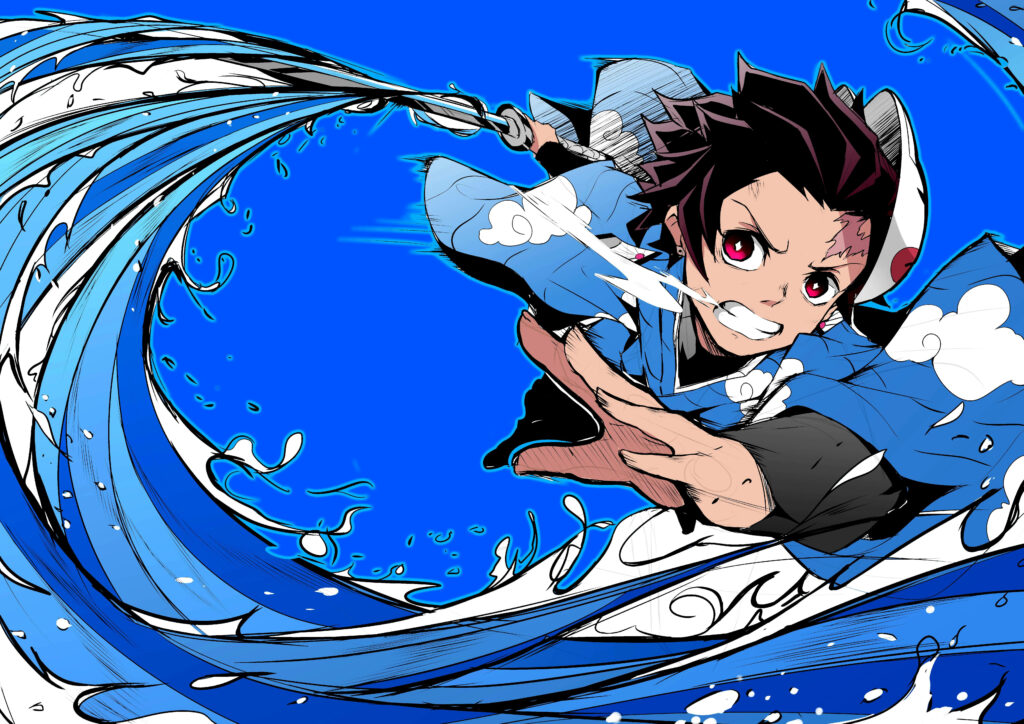 Fury Unleashed: Demon Slayer Tanjiro Engages Breathing Form in Fiery Background Wallpaper