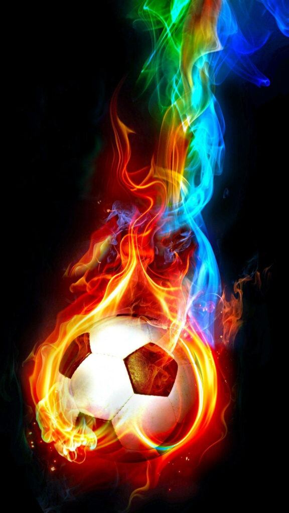 Fiery Elegance: Vibrantly Colored Background Featuring an Extraordinary Soccer Ball Ignited in White and Black Wallpaper