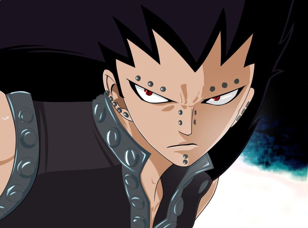 Gajeel Redfox close-up anime wallpaper intense red eyes spiky hair facial piercings Fairy Tail