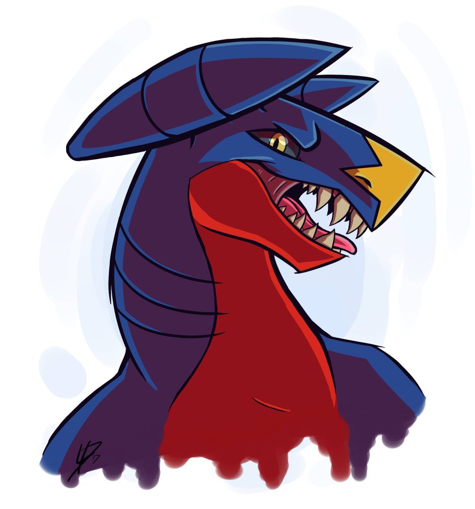 Close-up digital fanart of fierce Garchomp side profile with deep blue and red tones wallpaper