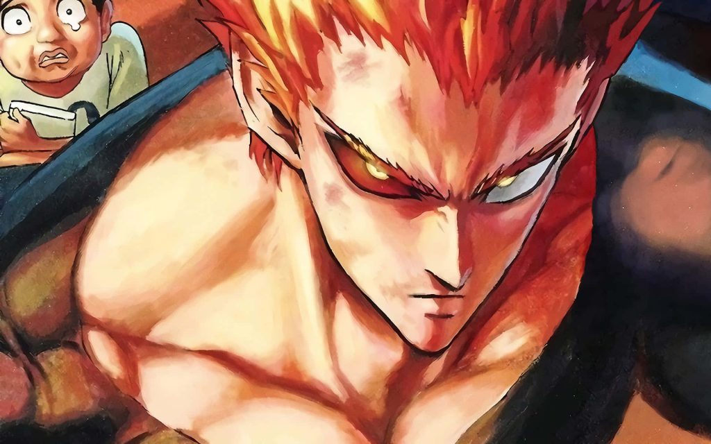 Fierce close-up of Garou with glowing eyes and spiky hair facing terrified Tareo anime wallpaper