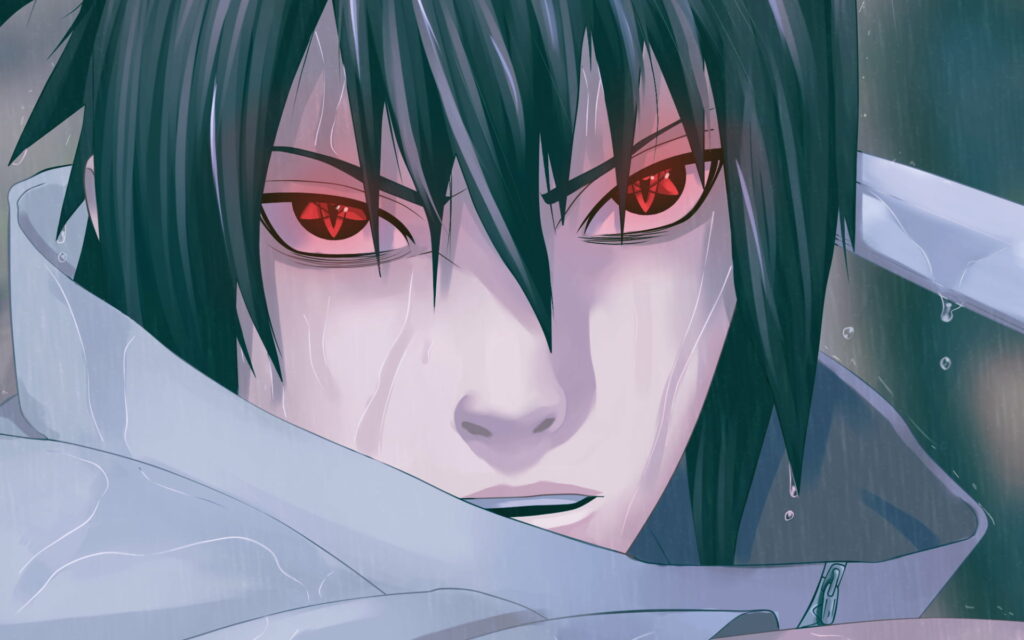 Sasuke Uchiha: Piercing Crimson Gaze - Manga Close-up Portrait Wallpaper