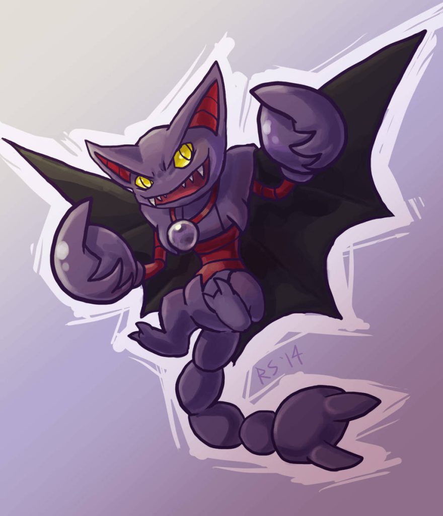 Dynamic digital art of Gliscor mid-flight with wings spread and sharp claws in bold purple tones Wallpaper