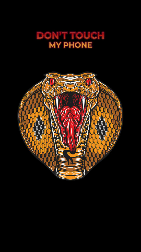 Fierce golden cobra with open mouth warning dont touch my phone black wallpaper background