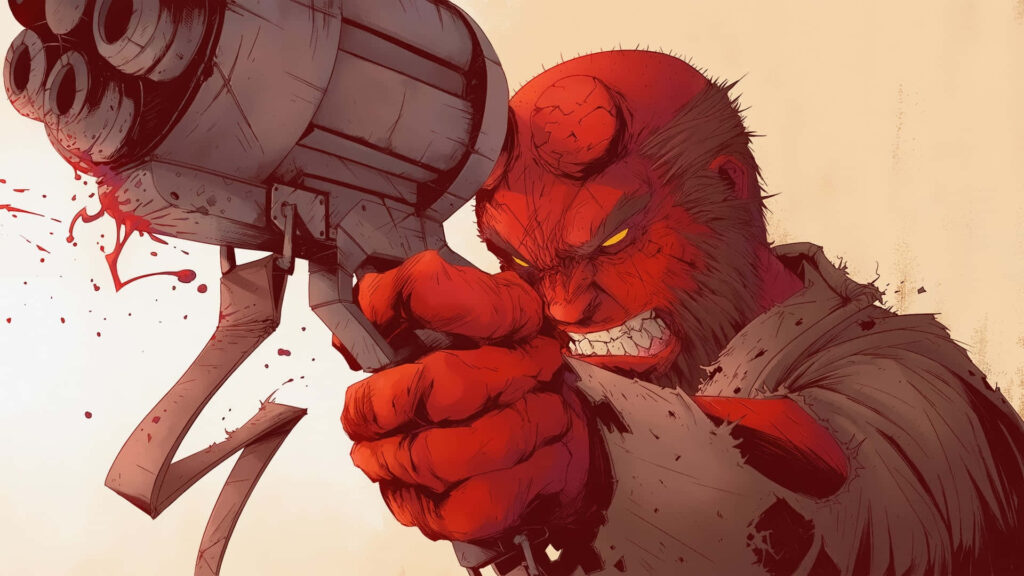 Intense Hellboy Wallpaper: Fierce Battle Stance with Large Weapon
