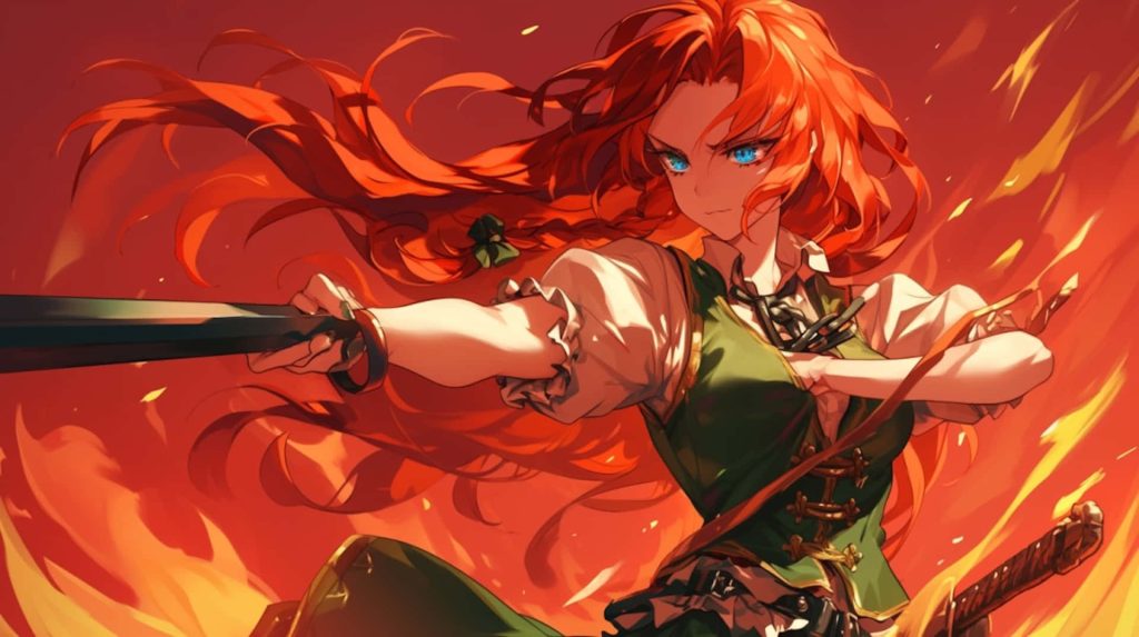 Fierce anime wallpaper of Hong Meiling touhou with red hair blue eyes sword vibrant fiery background