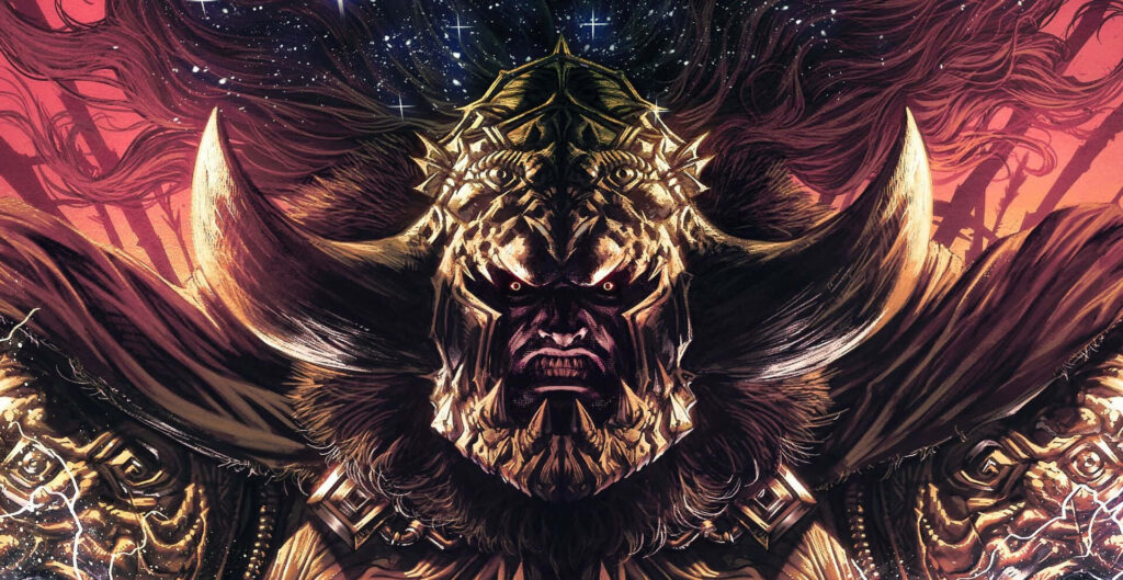 Fierce horned armored man with intense gaze stands boldly on vibrant cosmic comic cover wallpaper