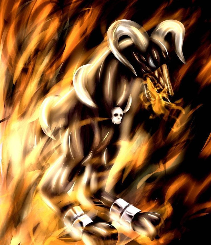 Fierce Houndoom digital art wallpaper with skull pendant fiery orange gold flames background