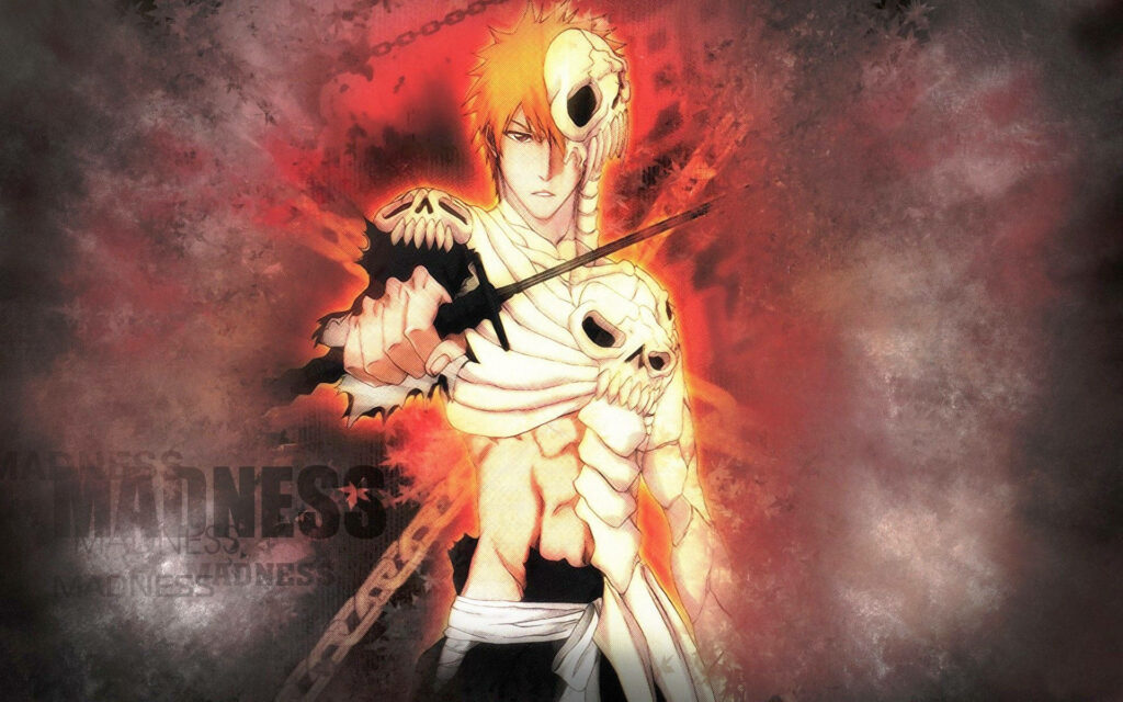 Fierce Ichigo Kurosaki Wallpaper: Intense Skull-Clad Anime Art