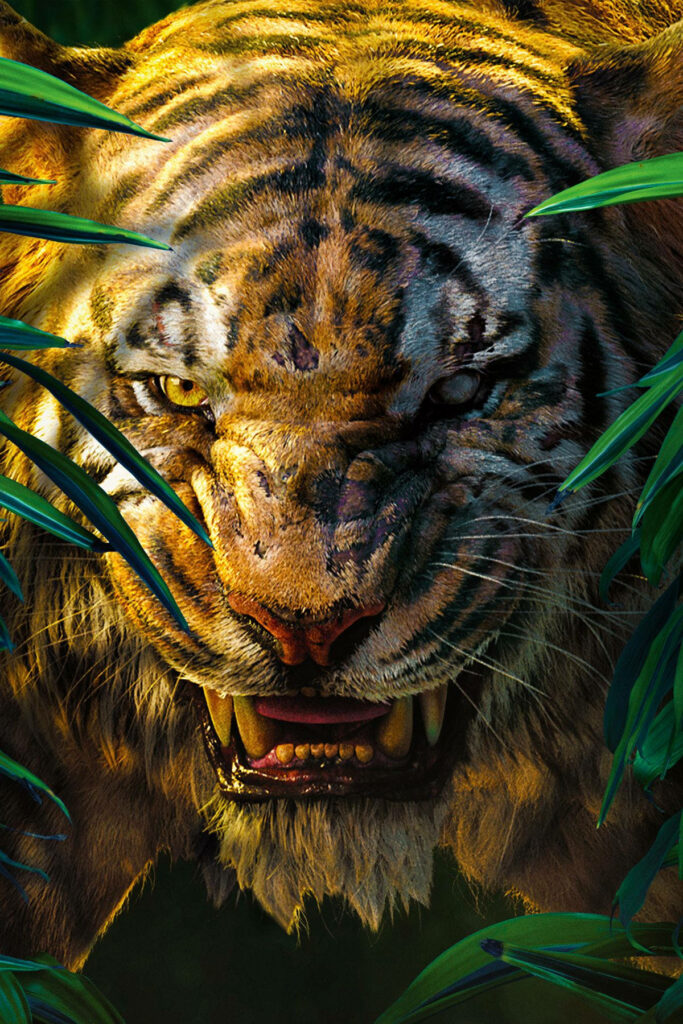Fierce Shere Khan tiger with sharp fangs emerging from dense jungle foliage wallpaper background