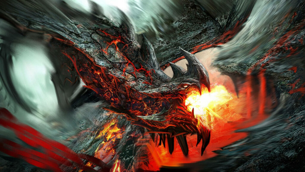 Lava Dragon Emerges: Intense 3D Wallpaper of Fiery Volcano