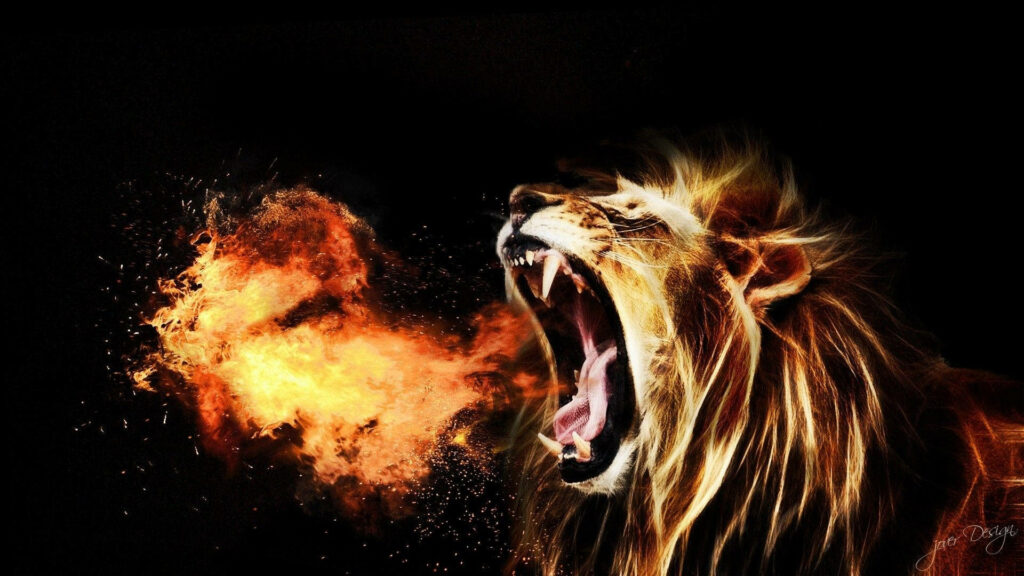 Fierce Roaring Lion 3D Wallpaper with Fiery Flames on Dark Background