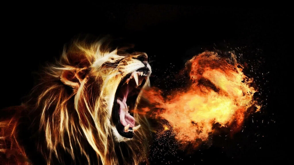 Fierce Lion Roaring with Flames - Dramatic Wallpaper Background