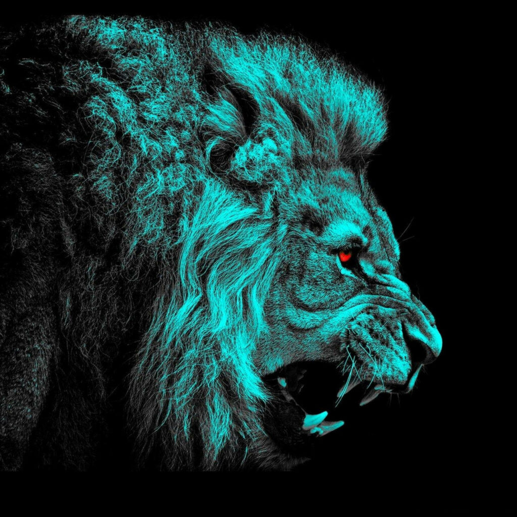 Fierce Lion with Blue Mane - Captivating Nighttime Wallpaper