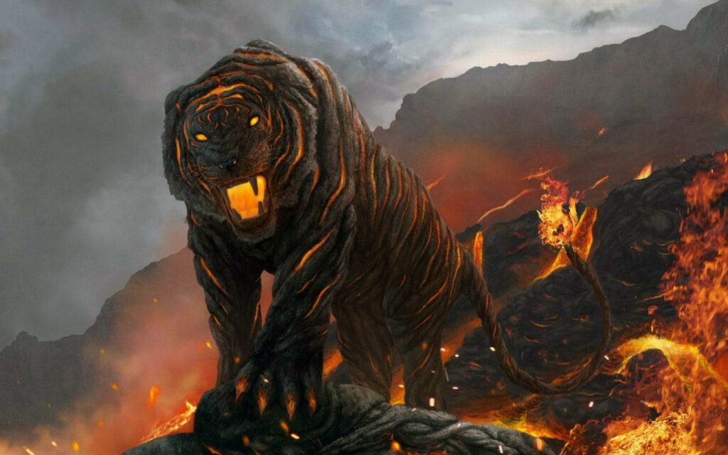 Blazing Tiger: Majestic Fire-Lit Creature Surfaces from Volcanic Abyss - Spectacular Wallpaper for Monitors