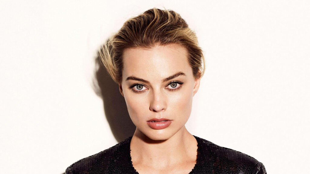 Margot Robbie fierce confident look minimalist wallpaper light background striking features