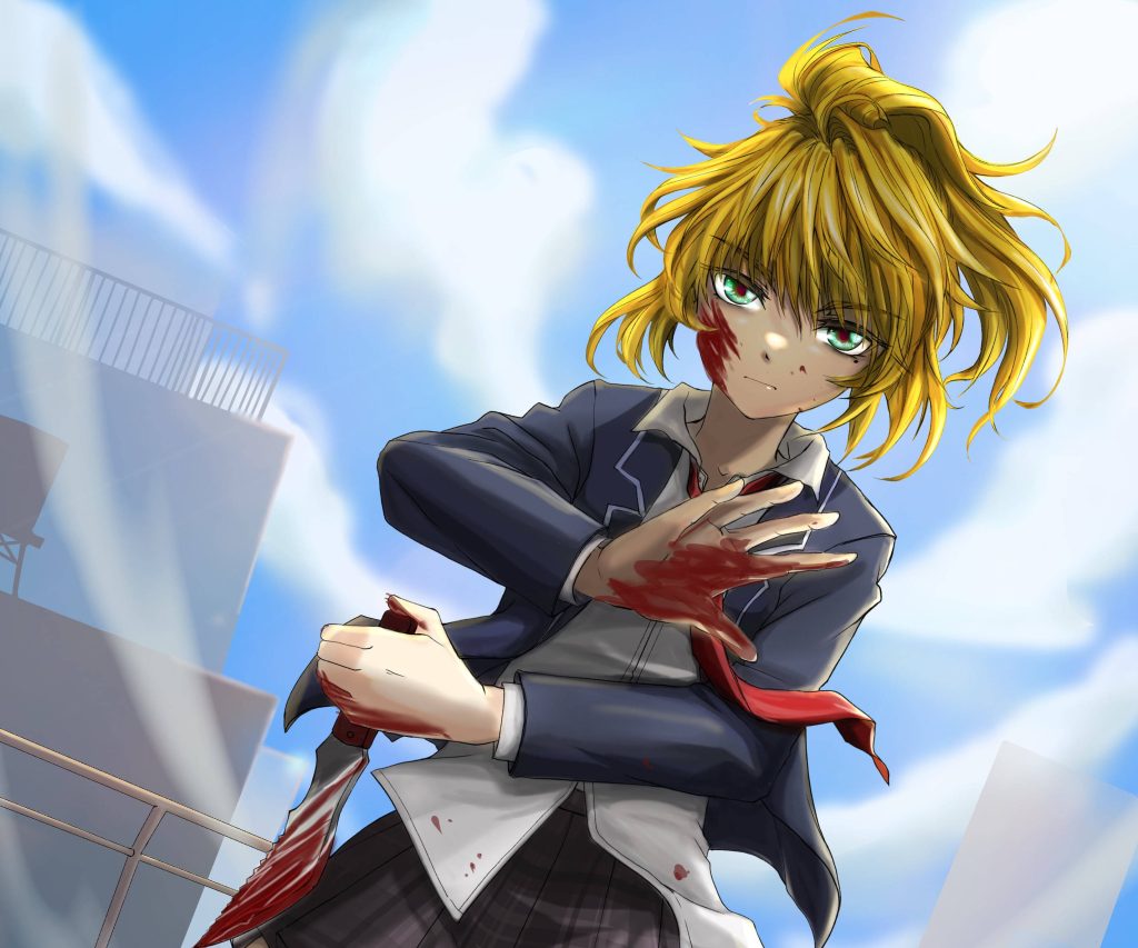Fierce Mayuko Nise from High Rise Invasion on rooftop with bloodied knife and combat marks Wallpaper
