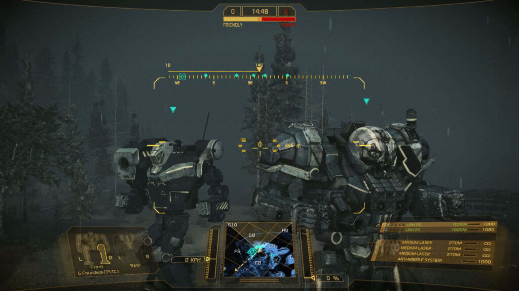 Two powerful mechs battle in a misty forest seen through a pilot’s futuristic HUD BattleTech wallpaper