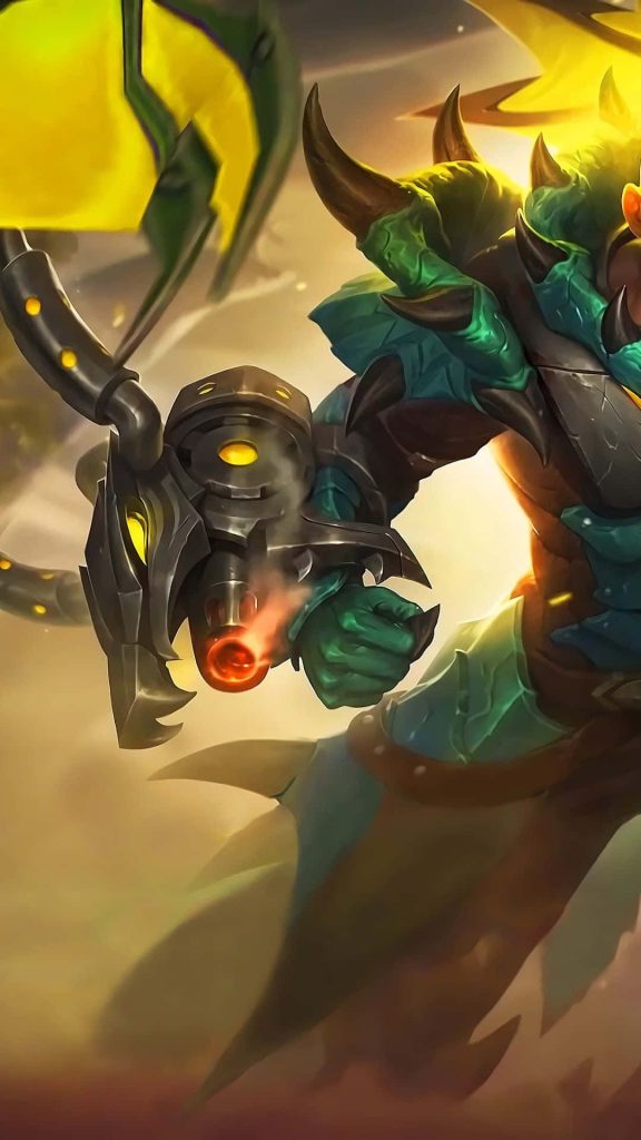 Fierce Mobile Legends warrior in green reptilian armor with glowing mechanical dragon weapon wallpaper