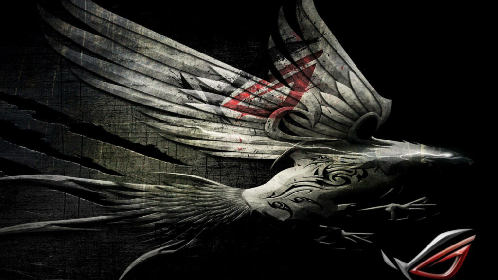 Fierce phoenix with metallic wings and Asus ROG logo on dark textured wallpaper background