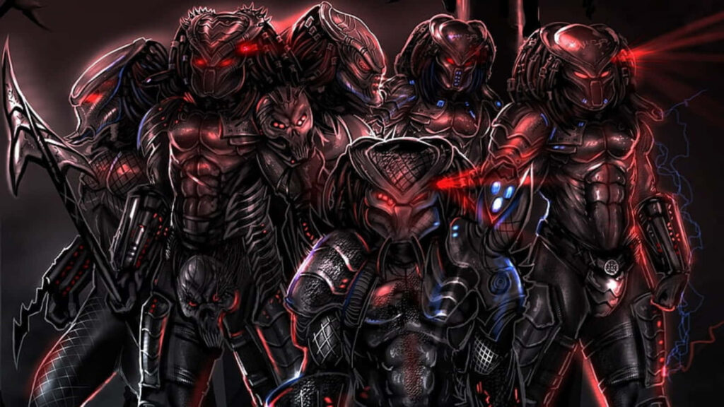 Group of fierce Alien Vs Predator warriors with glowing red eyes in dark high-tech armor wallpaper