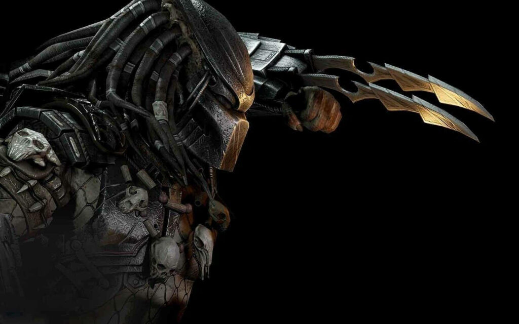 Predator mid-attack with sharp metallic claws fierce expression dark dramatic background wallpaper