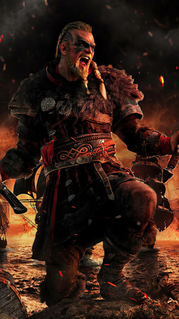 Fierce Viking Warrior Embracing the Fiery Abyss - Ragnar Lothbrok 4k Background Shot Wallpaper