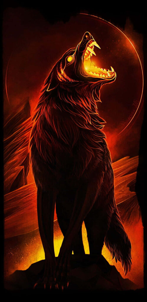 Fierce Glowing Red Wolf Howling - Dramatic Epic Wallpaper Background