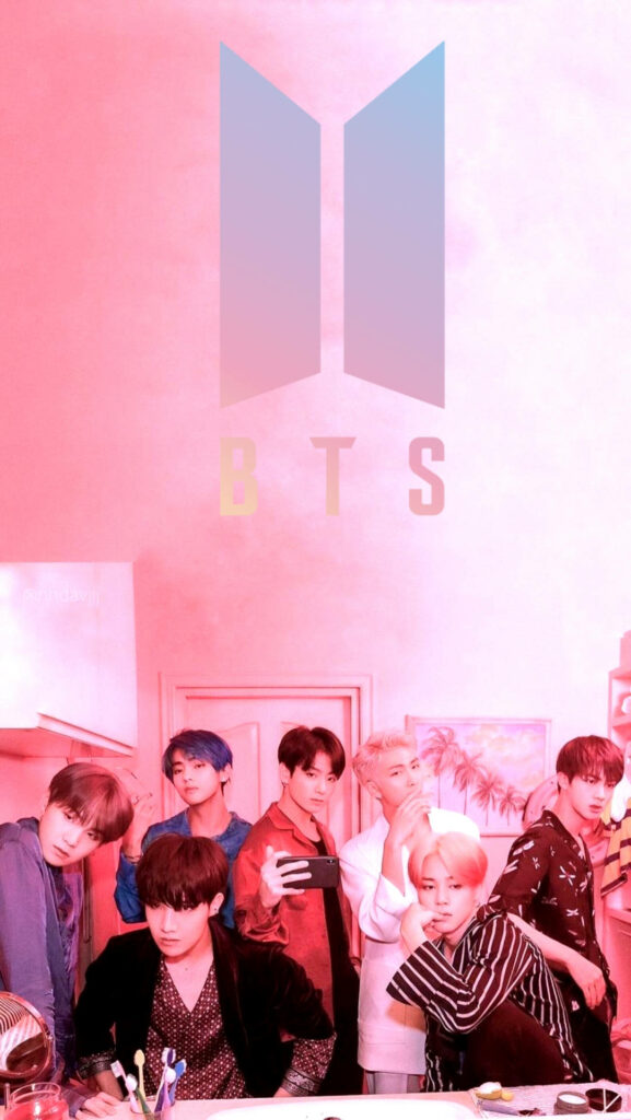 Fierce Reflections: BTS Lockscreen in Pink Room with Mirror Group Selfie and Logo Wallpaper