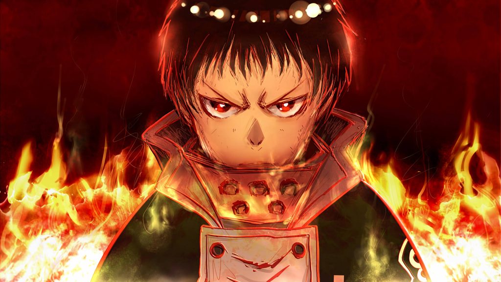 Shinra Kusakabe intense gaze in Fire Force uniform with vibrant roaring flames anime wallpaper