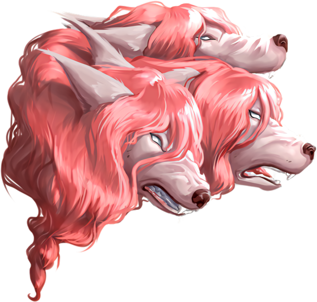 Three-Headed Red Dog Wallpaper: Mythical & Fiery Design