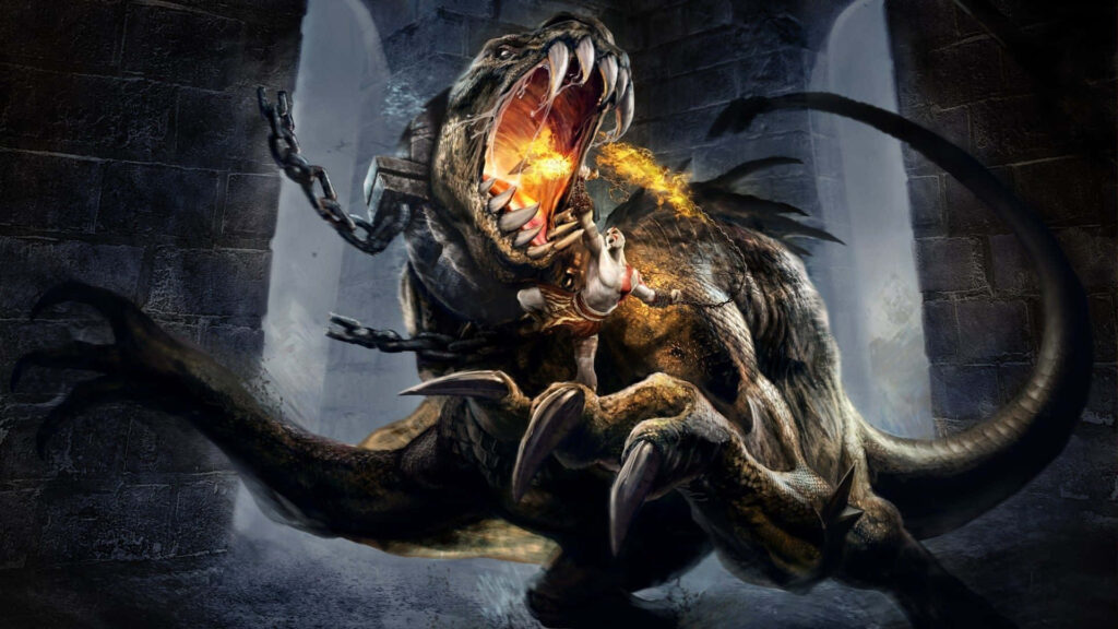 Cerberus three-headed fiery beast chained against dark ancient stone fantasy wallpaper background