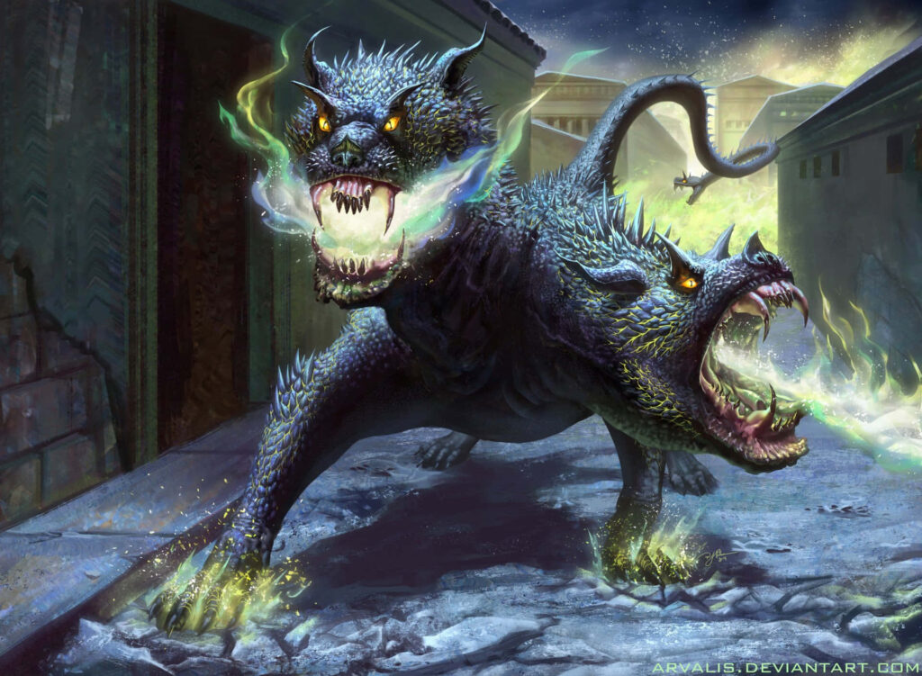 Fierce three-headed Cerberus with glowing eyes and green flames guards dark ancient ruin at night Wallpaper
