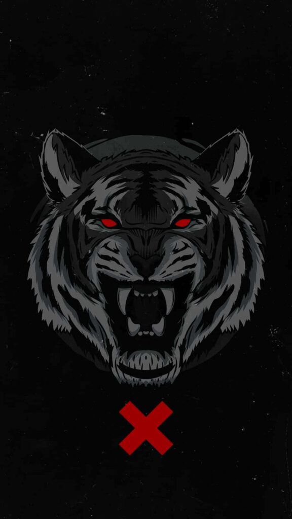 Fierce Tiger Face Wallpaper with Glowing Red Eyes and Bold Red X