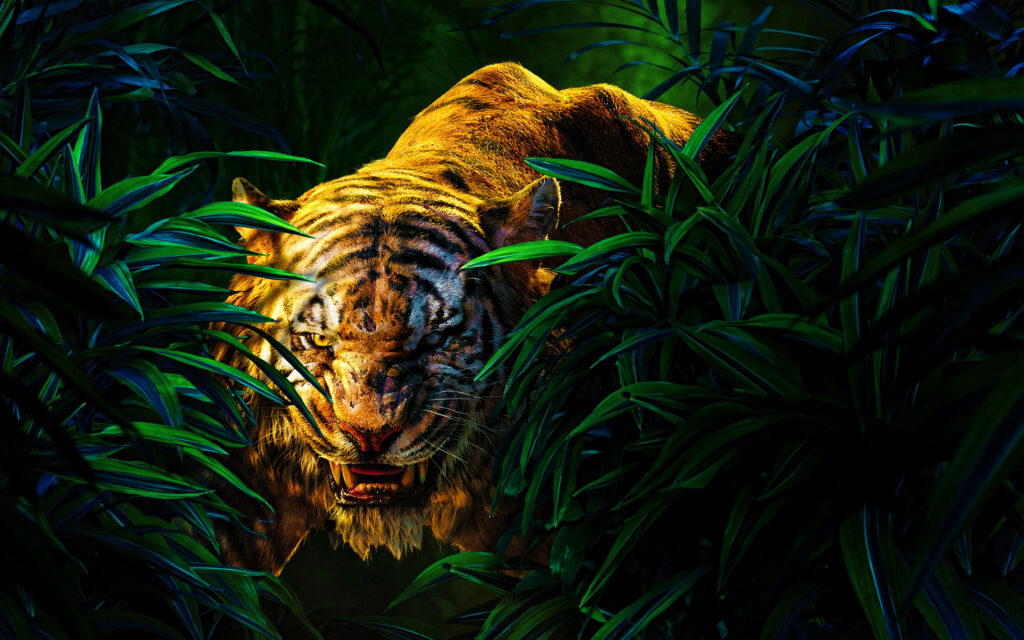 Fierce Tiger Jungle Wallpaper: Lush Greenery & Intense Gaze