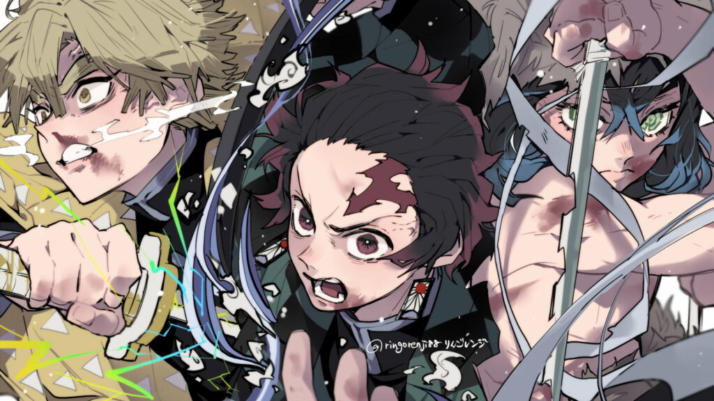 Demon Slaying Trio: Zenitsu, Inosuke, and Tanjirou Unleash their Anime Warrior Spirit in HD Wallpaper