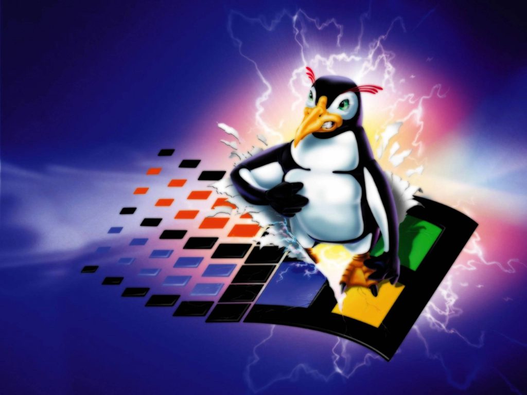 Fierce angry Tux Linux mascot bursting through shattered Windows logo with purple sparks wallpaper